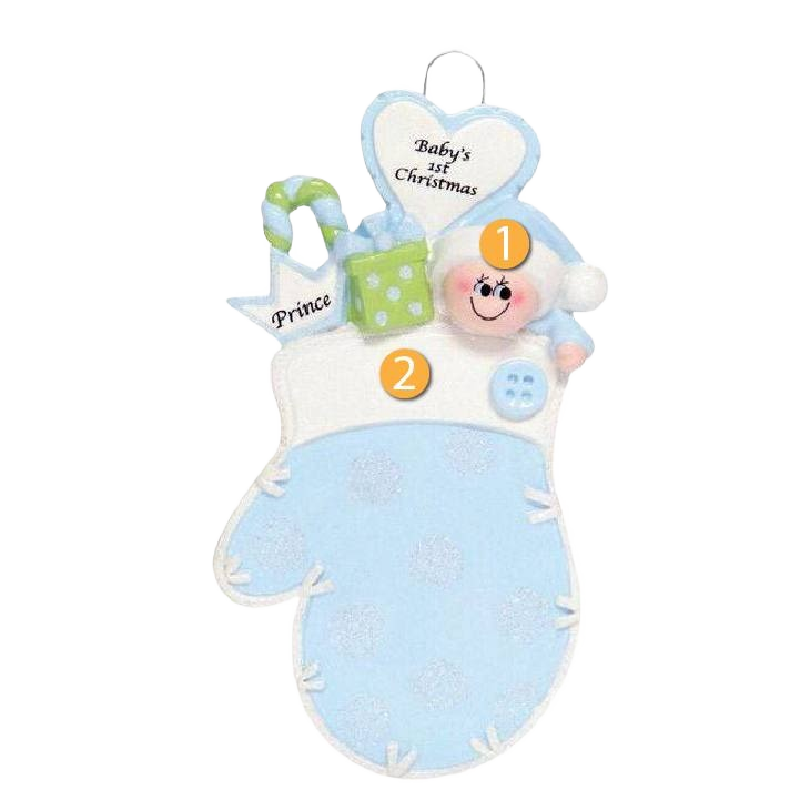 Personalized blue baby mitten ornament with gift, candy cane, and “Baby’s 1st Christmas” heart tag for holiday décor under $50