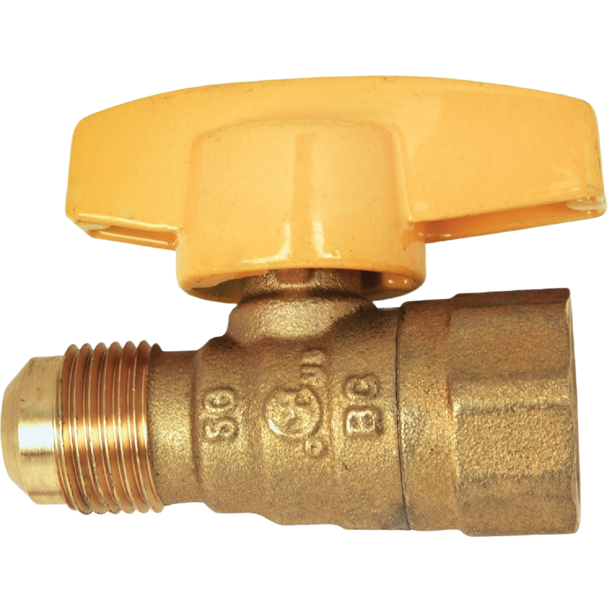 Brass gas shutoff valve with yellow handle and male flare to female threaded connections for home improvement use
