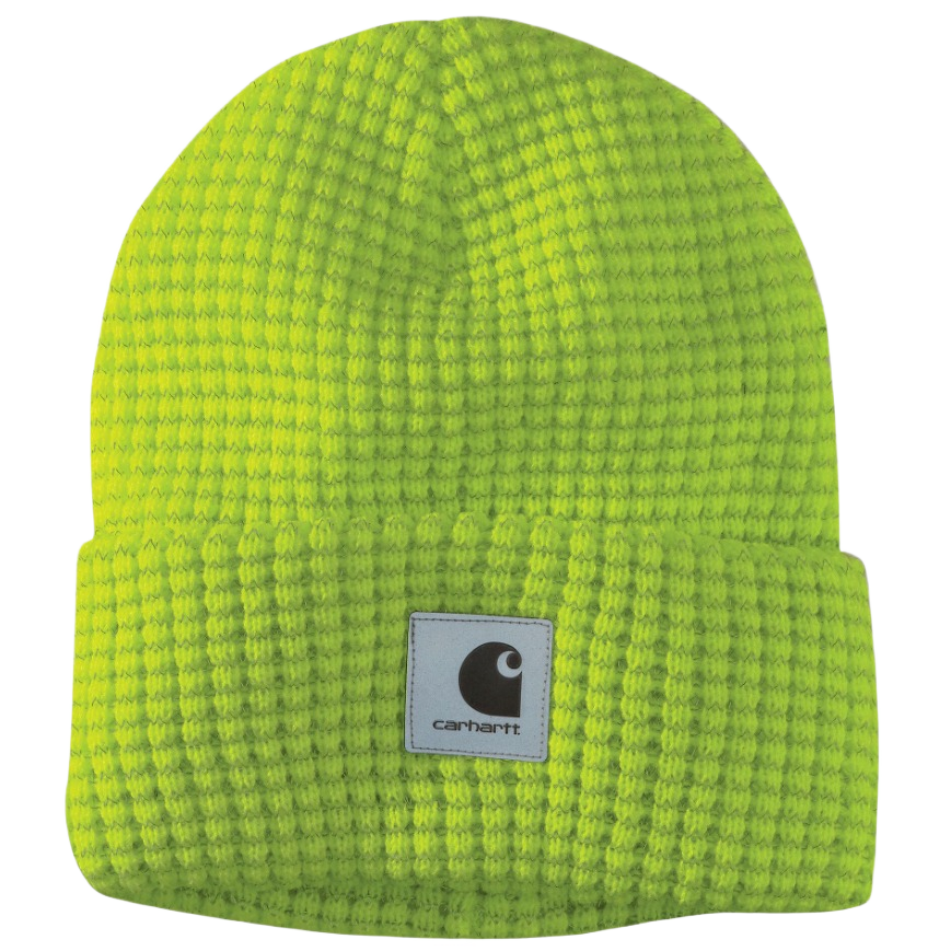 Bright lime knit beanie with a folded cuff and reflective Carhartt logo patch for outdoor wear