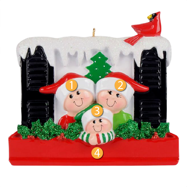 Festive family of three in holiday hats with winter window, holly, and red cardinal in Christmas Ornaments & Tree Decorations collection