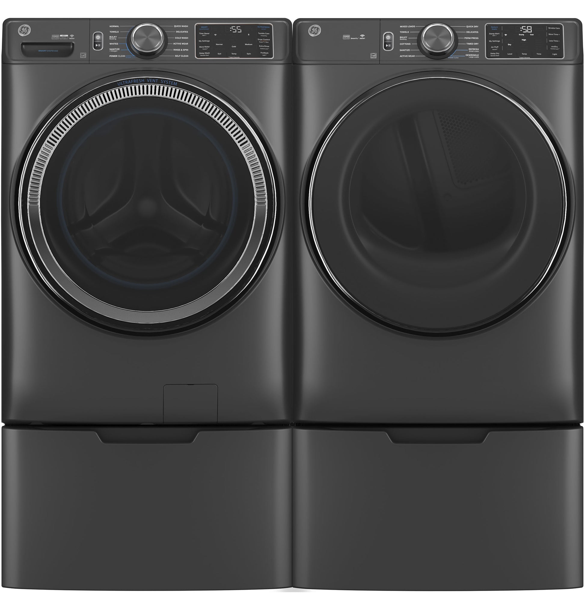 Matte black front load washer and matching dryer with digital controls on pedestal bases in washers and dryers collection