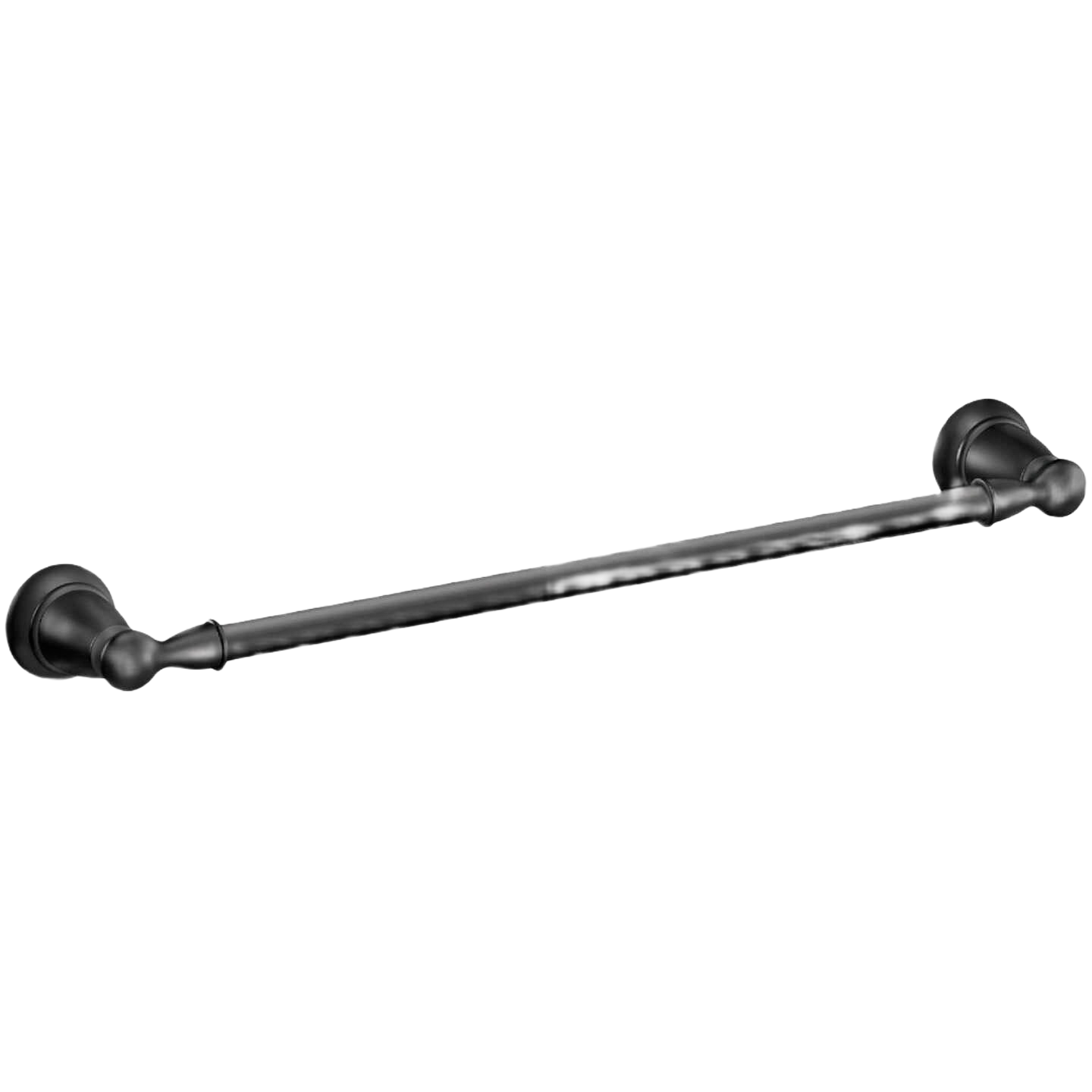Matte black metal towel bar with classic rounded mounting brackets for bathroom or linen closet installation