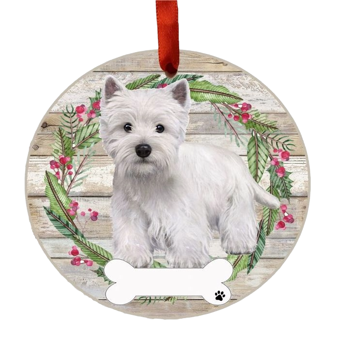 Round Christmas ornament featuring a white Westie dog with green and red wreath on rustic wood background