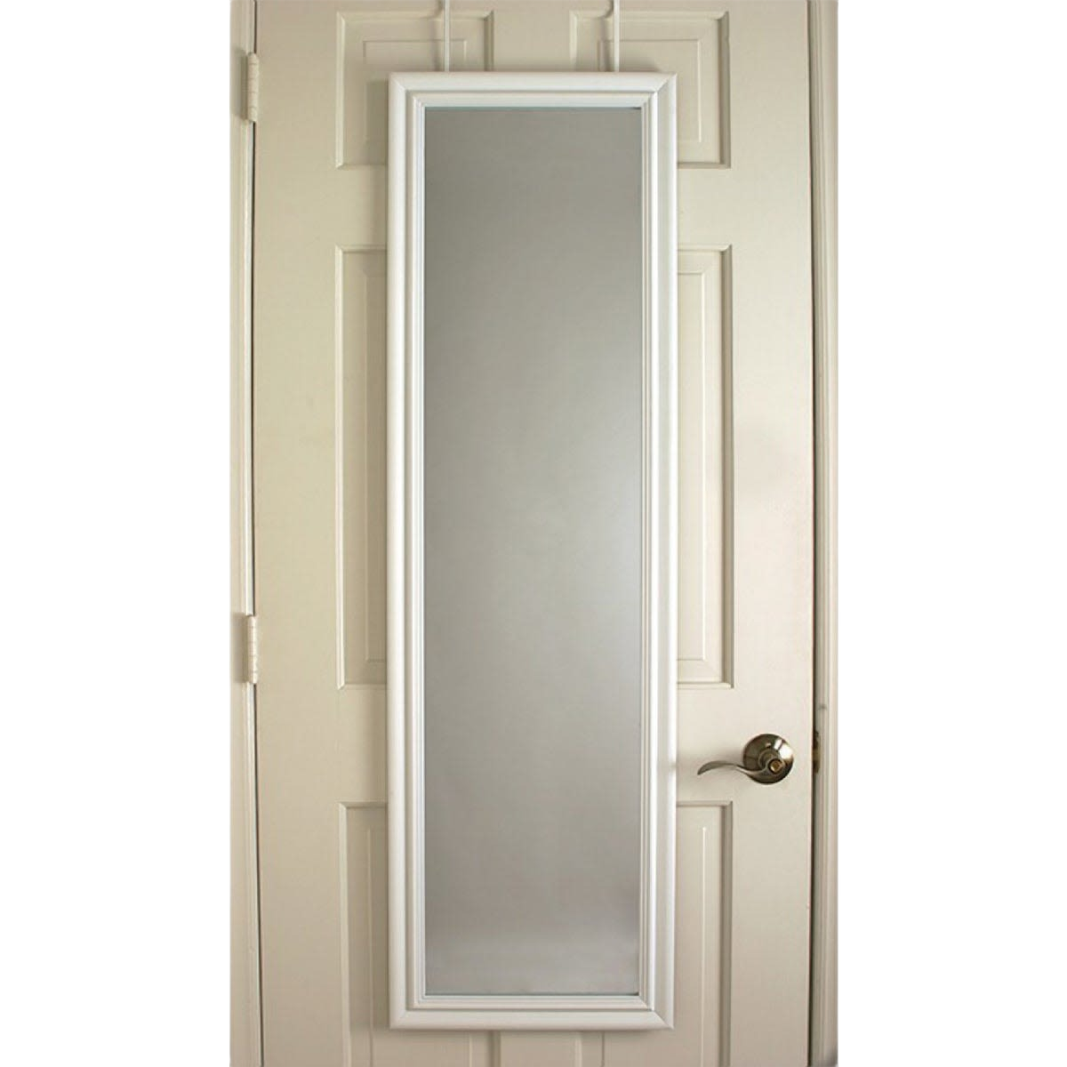 Full-length over the door mirror with white frame designed for easy installation in home improvement projects