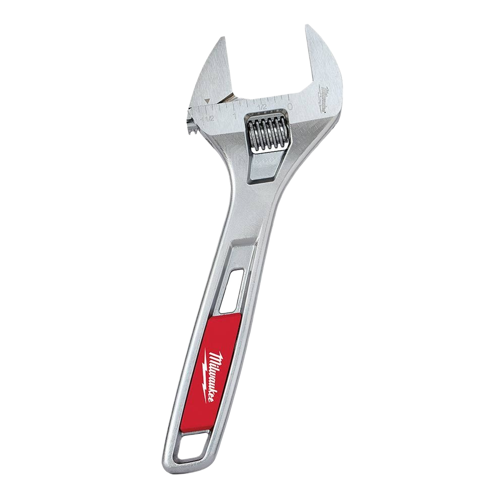 Adjustable wrench with wide jaw, steel construction, and red branded handle for tools and home improvement use