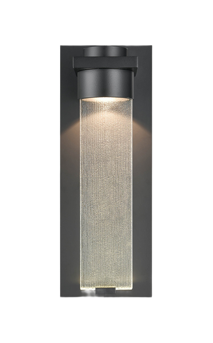 Black outdoor wall light with clear textured glass and modern powder-coated finish for outdoor living spaces under $100