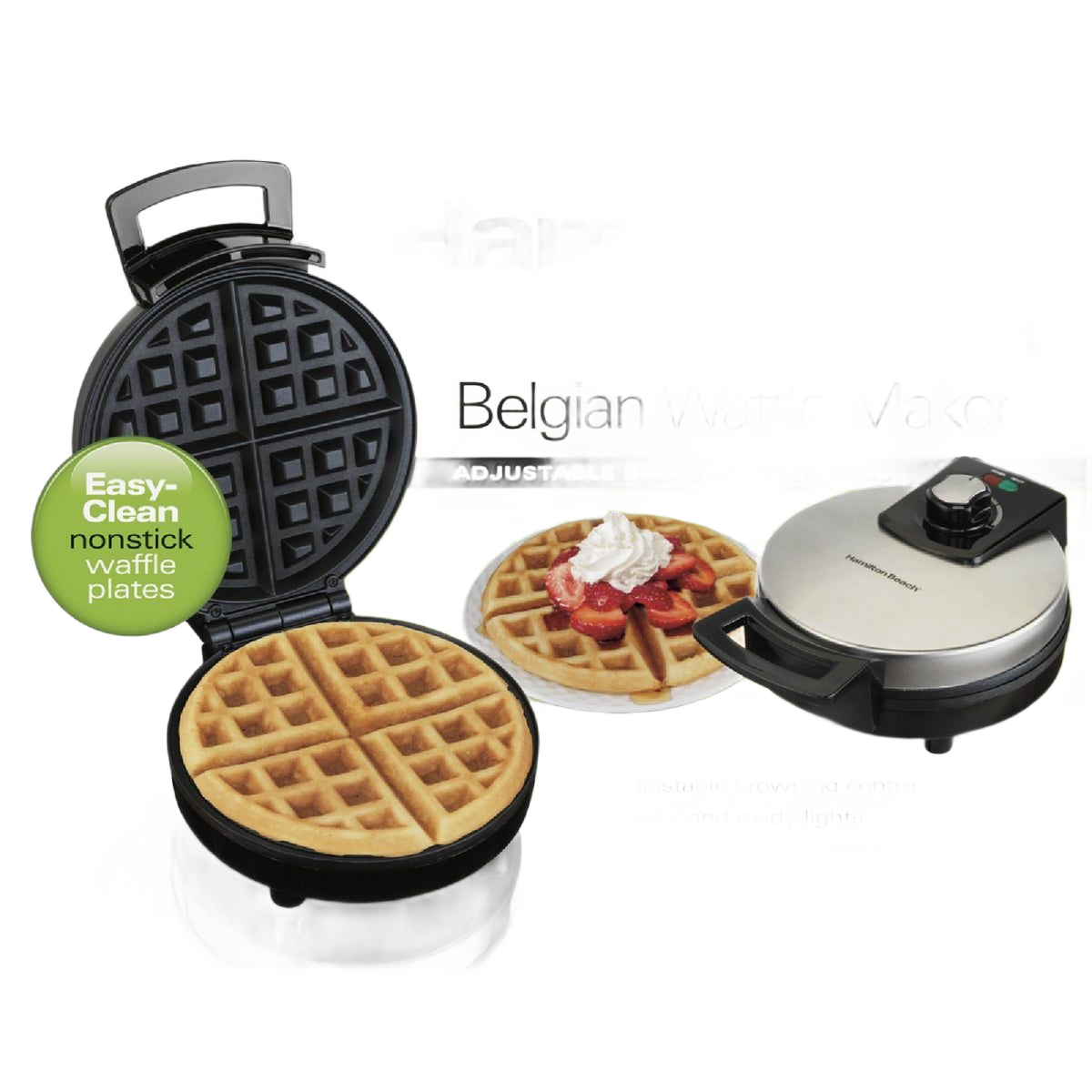 Compact stainless steel Belgian waffle maker with nonstick plates, adjustable settings, and included waffles for kitchen appliances collections