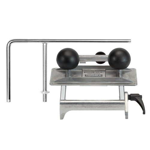 Moulding knife sharpening jig with adjustable metal frame and ergonomic black knobs for precise home improvement tool sharpening