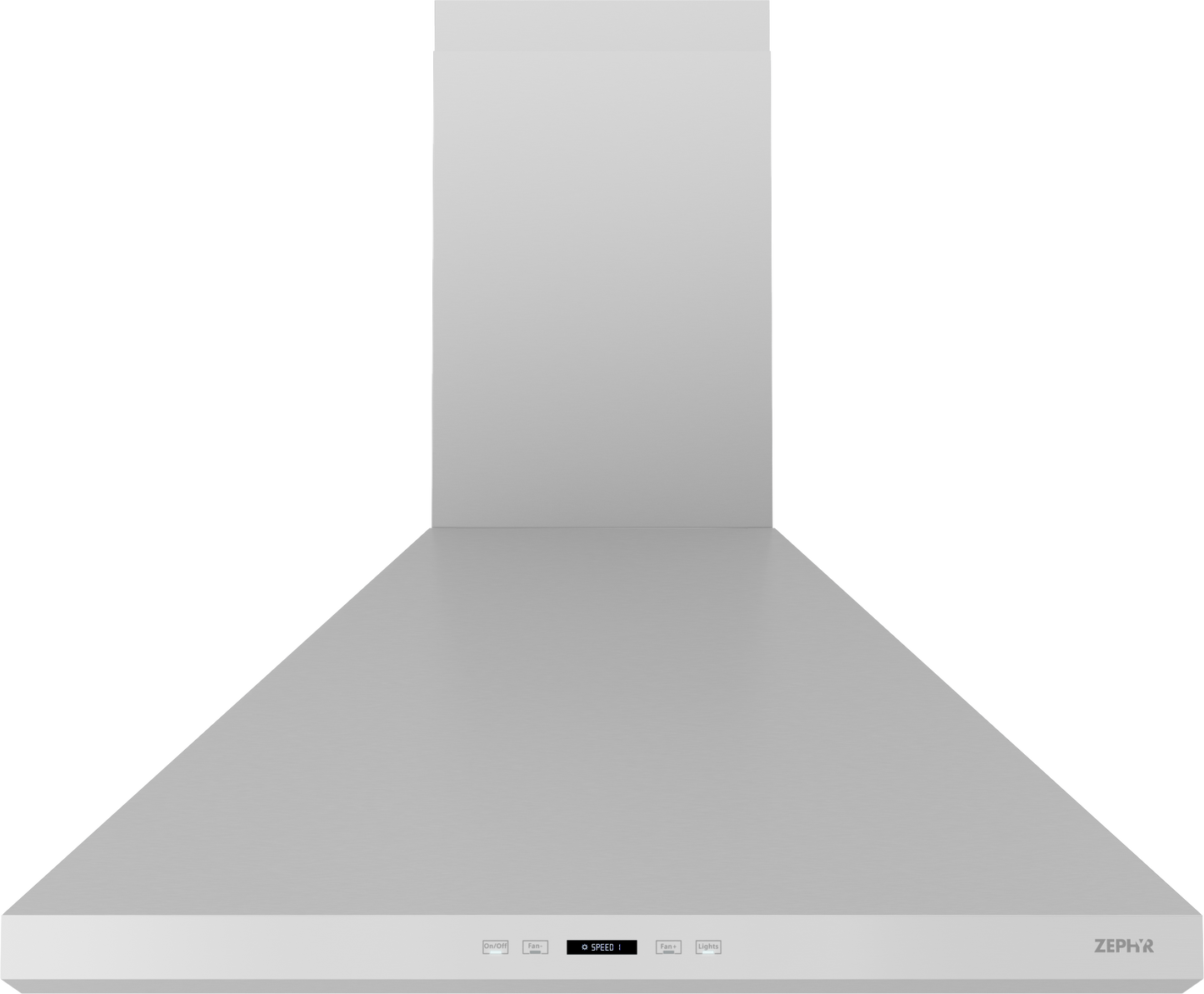 Stainless steel wall mounted range hood with LED lighting and digital control in kitchen appliances and home improvement collections