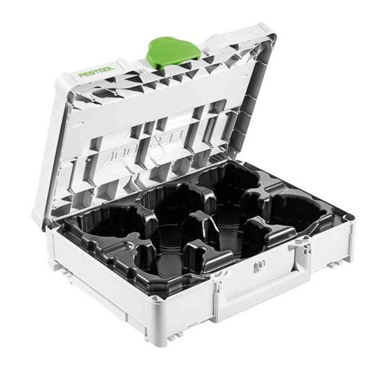 Compact white and black interlocking tool storage case with organized compartments for abrasives in workshop setup