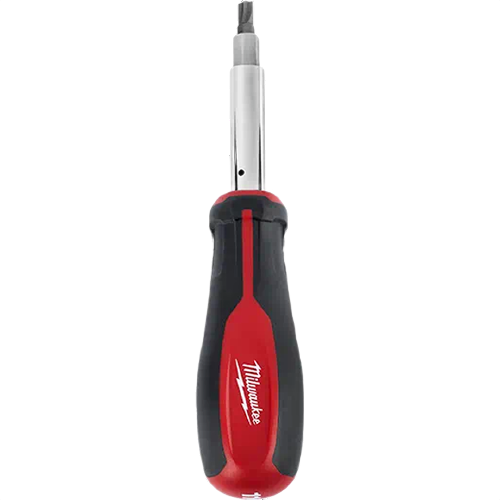 Red and black Milwaukee hand tool screwdriver with ergonomic grip for fastening and woodworking tasks
