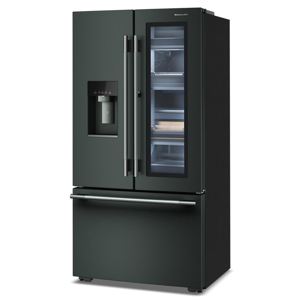 Three-quarter view of a dark finish counter-depth French door refrigerator with ClearVue™ door-in-door panel, internal water dispenser, and bottom freezer drawer, part of Refrigerators, French Door Refrigerators, Kitchen & Kitchenware, KitchenAid, and Appliances collections for home improvement.