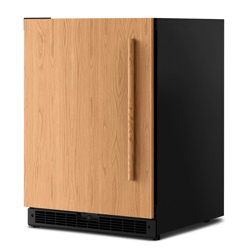 undercounter refrigerator with black exterior, wood panel front, and vertical wooden handle for kitchen appliances