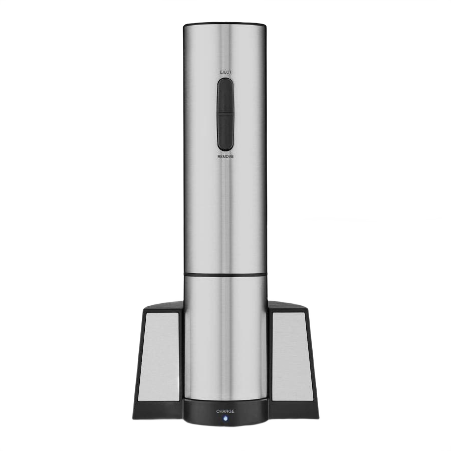 Sleek stainless steel electric wine opener with charging base designed for kitchen gadgets and home use