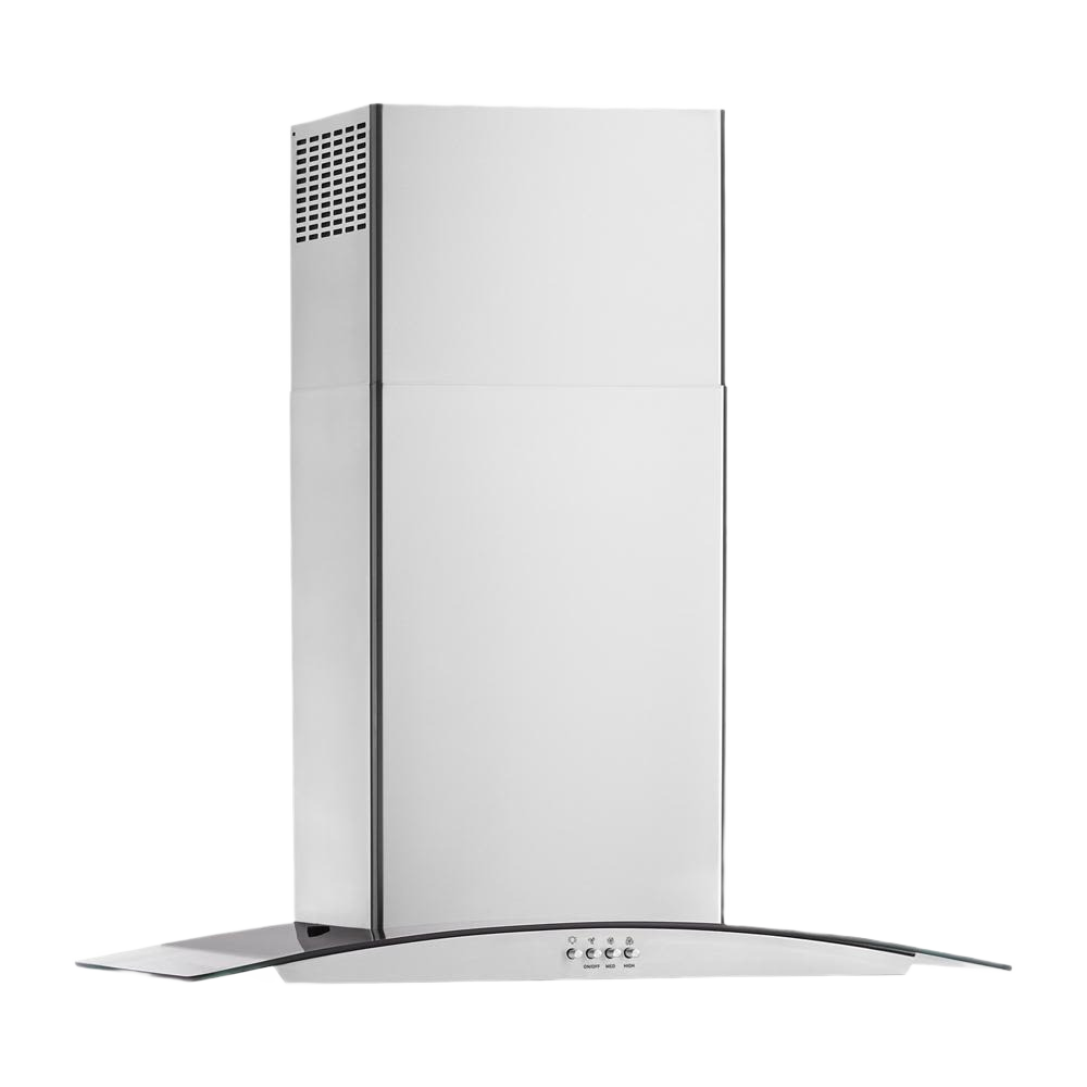 stainless steel wall mount kitchen range hood with curved glass canopy and control buttons for ventilation