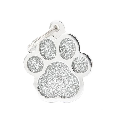 Grey glitter paw-shaped pet ID tag with metal clip for personalized pet accessories under $50 from Pet & Animal collection