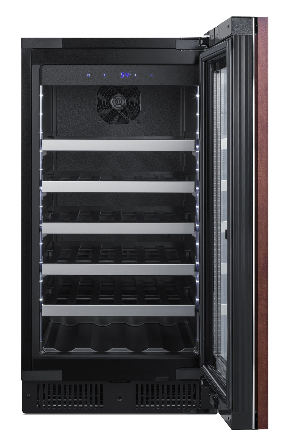 undercounter wine cellar with black interior, glass door open, LED lighting, and metal wine racks in kitchen appliances collection