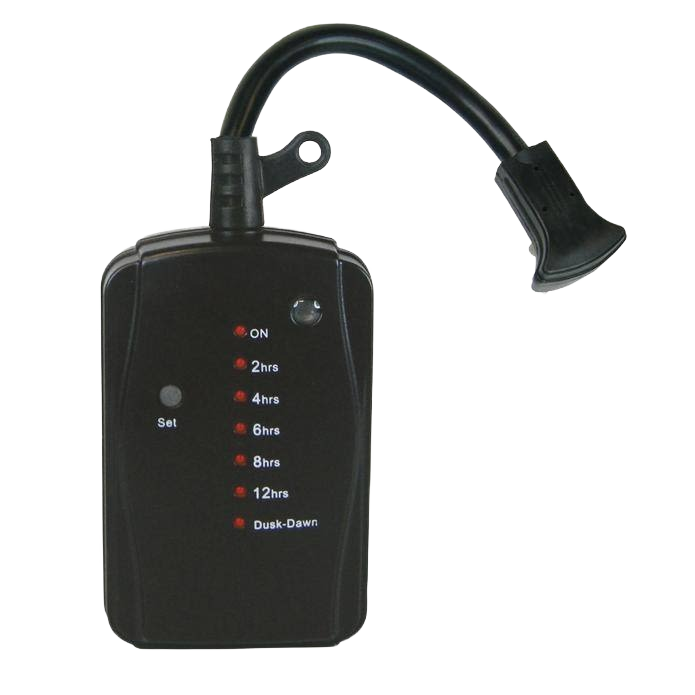 Black outdoor LED countdown timer with multiple hour settings and dual outlet cord for home improvement use