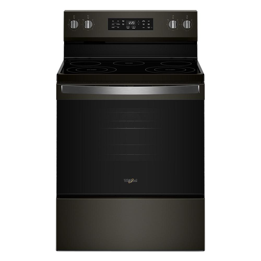 Black electric range with smooth glass cooktop and digital control panel from kitchen appliances collection
