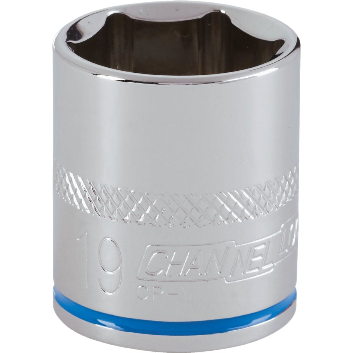 Chrome finish 19mm 6-point shallow socket with textured grip band for hand tools and woodworking collections