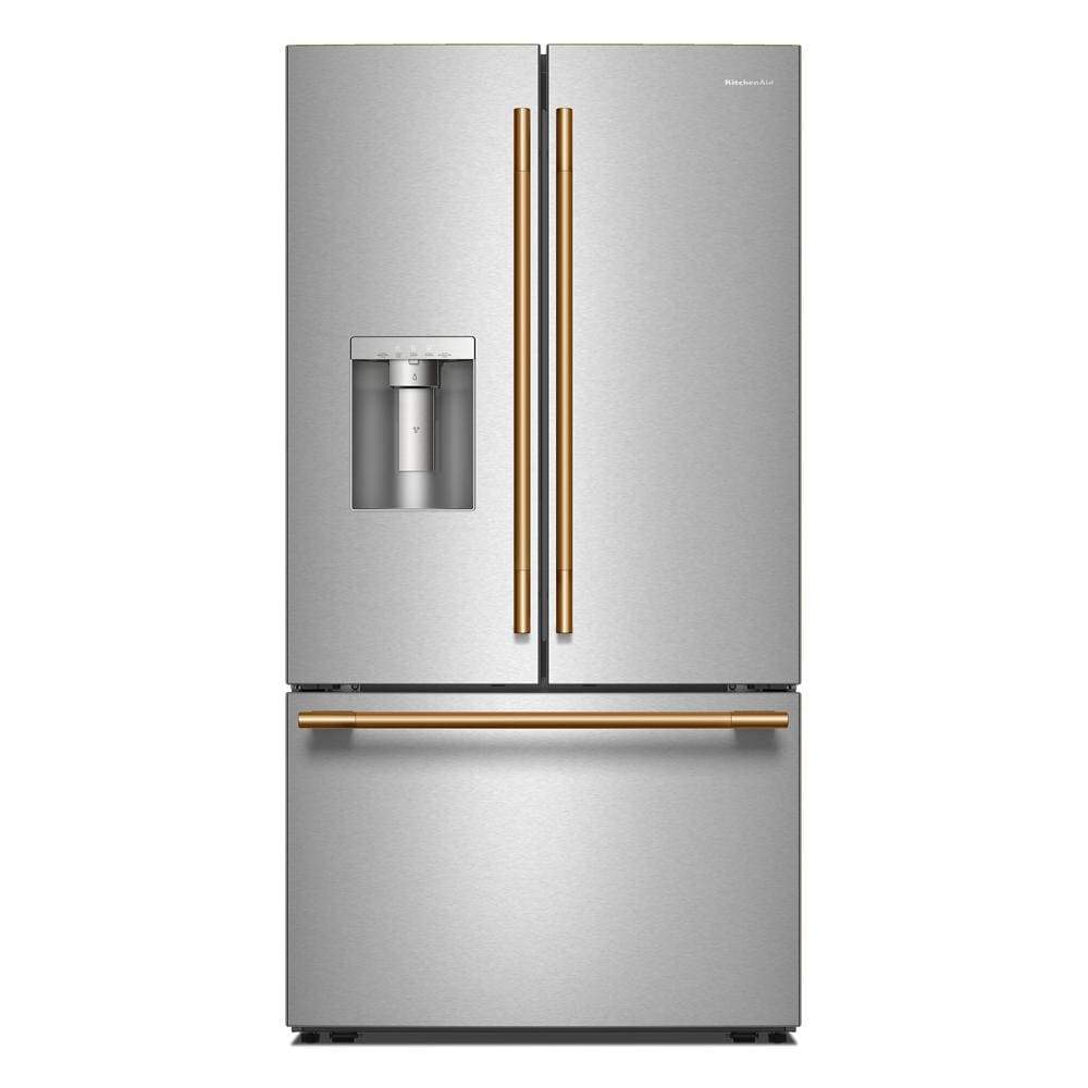 Stainless steel French door refrigerator with bottom freezer and gold-tone handles and exterior water dispenser in refrigerators collection