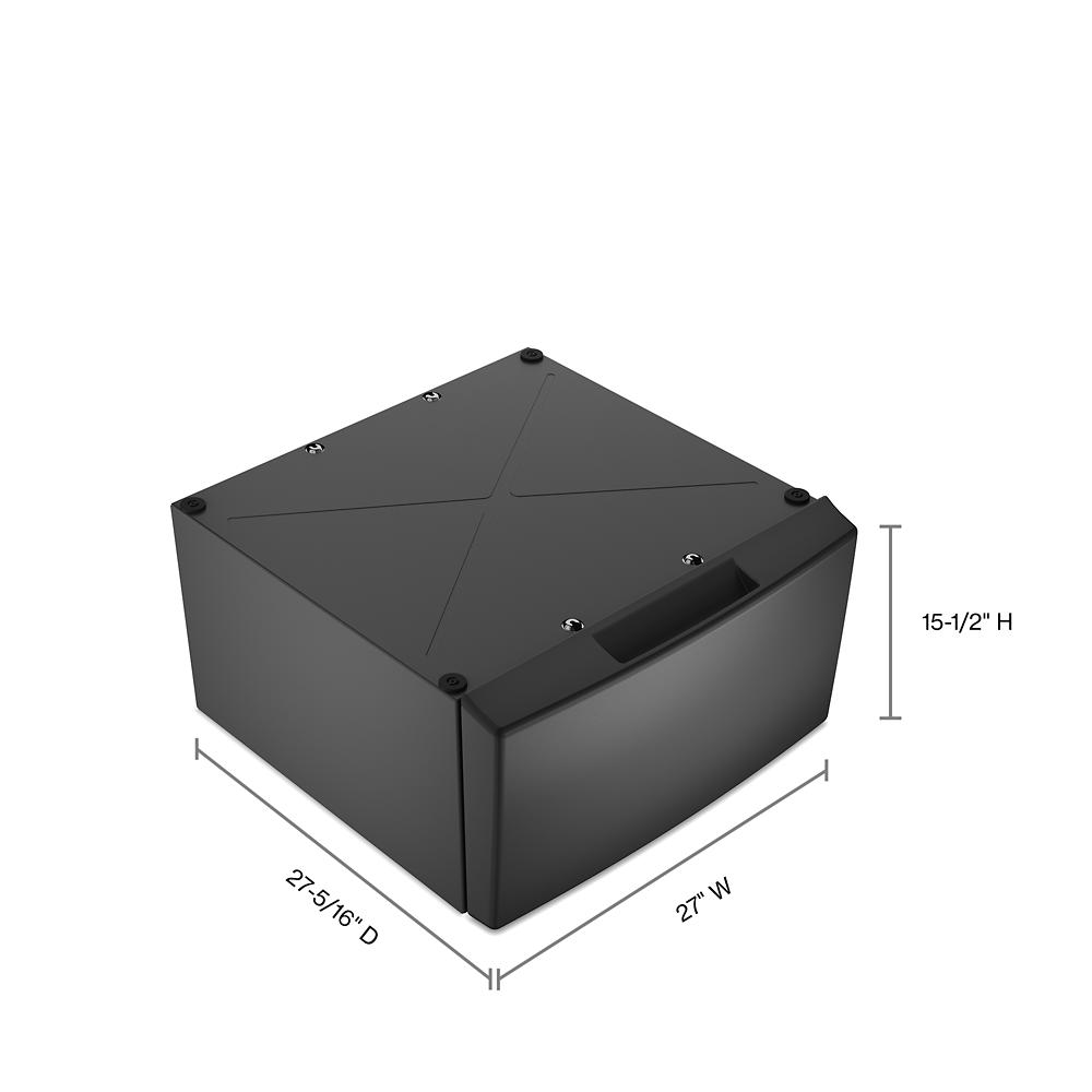Black pedestal with built-in drawer for laundry appliances, shown with dimensions for installation and storage use.