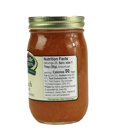 Glass jar of Hartville Kitchen peach spread with nutrition facts label from jams & jellies and food & beverage collections