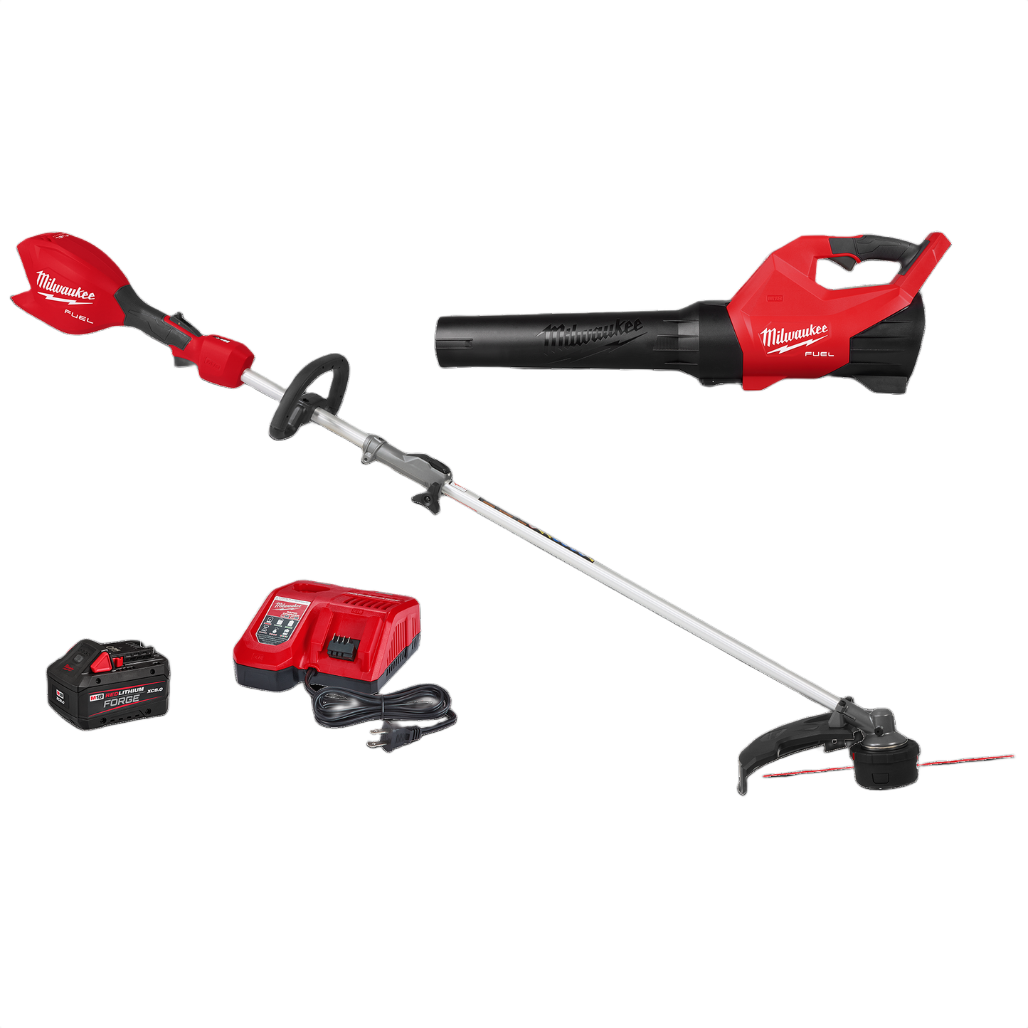 Red and black cordless string trimmer and blower combo with battery and charger for outdoor home improvement tasks