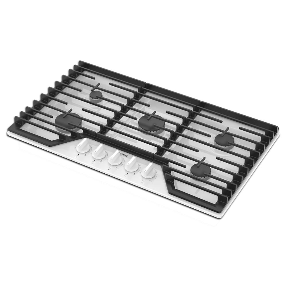 36-inch stainless steel gas cooktop with five burners and hinged cast-iron grates for kitchen appliances