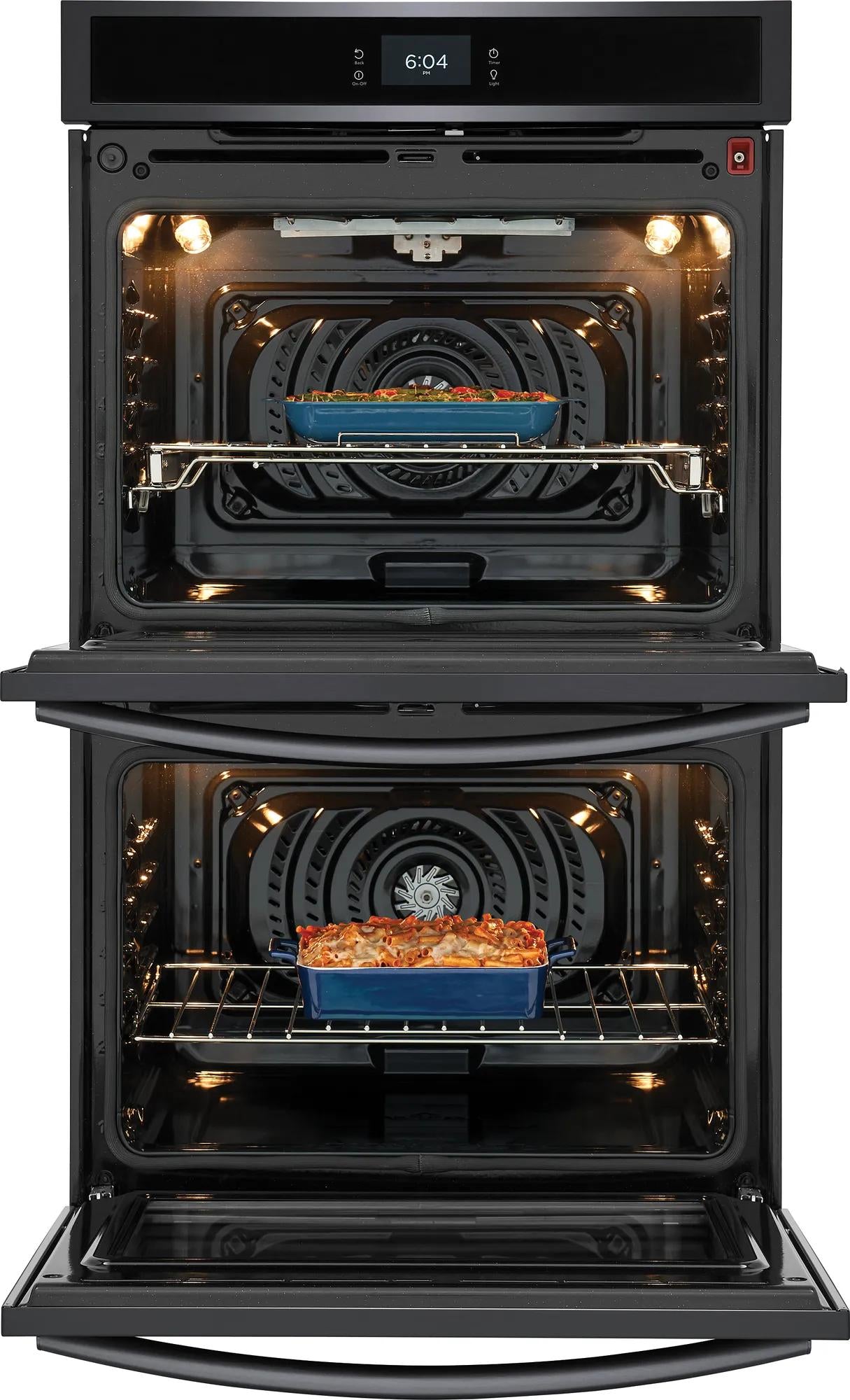 Black double electric wall oven with total convection cooking two dishes simultaneously in kitchen appliances at Hartville Hardware