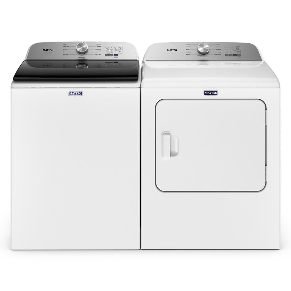 White top load electric washer paired with front load electric dryer in modern laundry appliance set