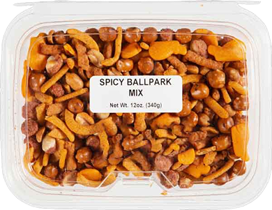 Clear plastic container of spicy ballpark trail mix with peanuts, pretzels, and cheddar crackers from food and beverage snacks collection