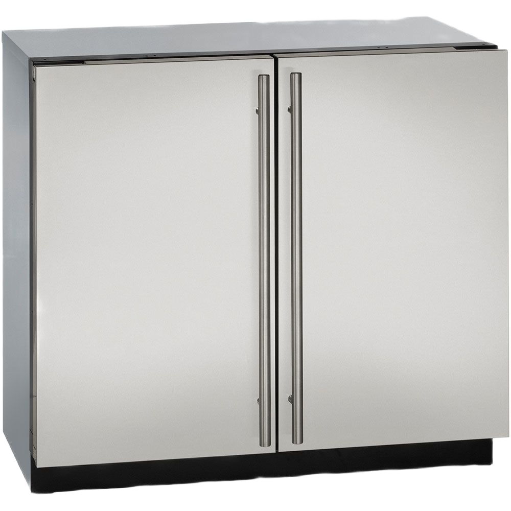 36-inch stainless steel French door refrigerator with solid double doors and vertical handles in appliances collection