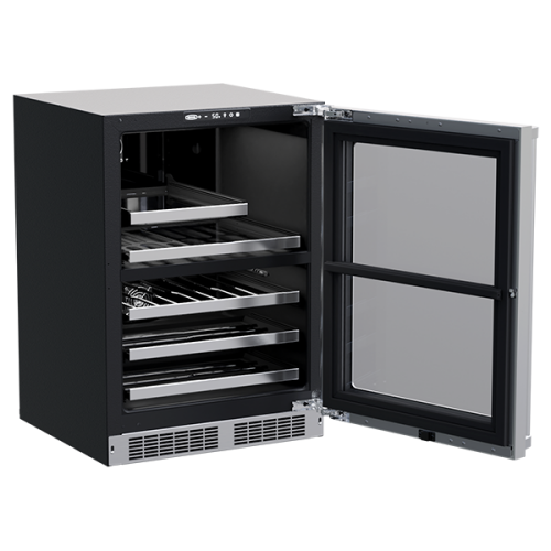 24-inch professional built-in dual zone wine and beverage center with glass door and adjustable metal shelves in appliances collection