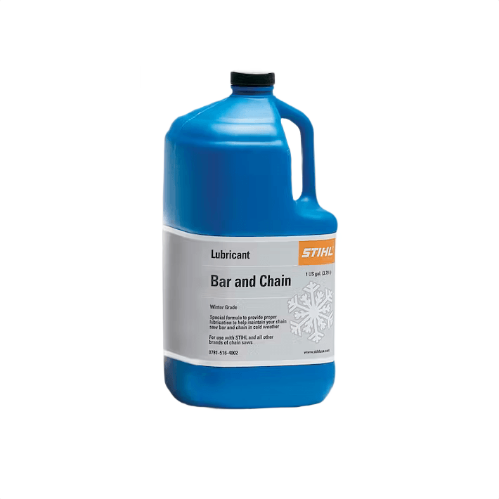 Blue one-gallon container of STIHL winter grade bar and chain lubricant for cold weather tool maintenance