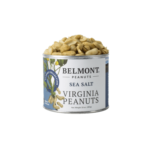 Open can of Belmont Sea Salt Virginia Peanuts with light brown peanuts spilling over, in food and beverage snacks collection