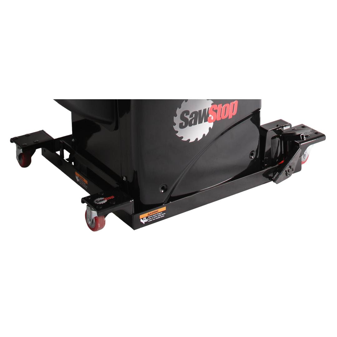 Black steel mobile base with caster wheels supporting a stationary saw for workshop organization and woodworking tools