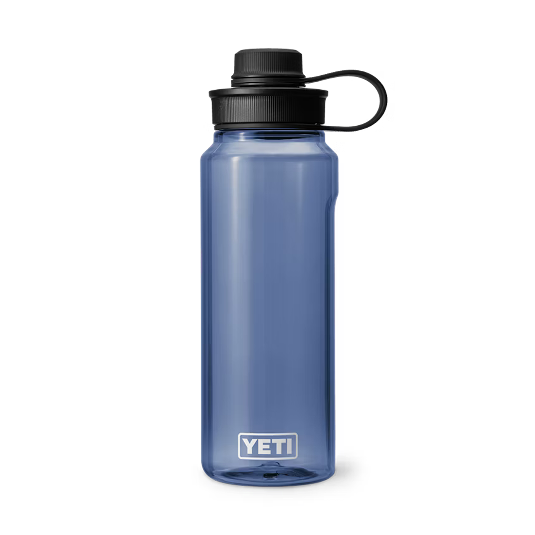 Blue 1-liter water bottle with black tether cap, durable drinkware for kitchen and outdoor use collections
