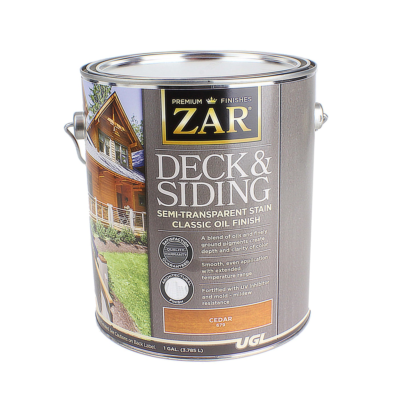 One gallon can of ZAR semi-transparent cedar stain with classic oil finish for exterior decks and siding