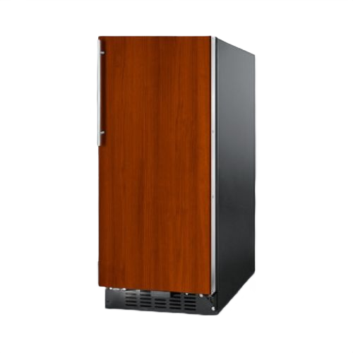 Built-in 15-inch wide ADA refrigerator with left hinge, front lock, side-mounted brushed stainless steel handle, wood panel door