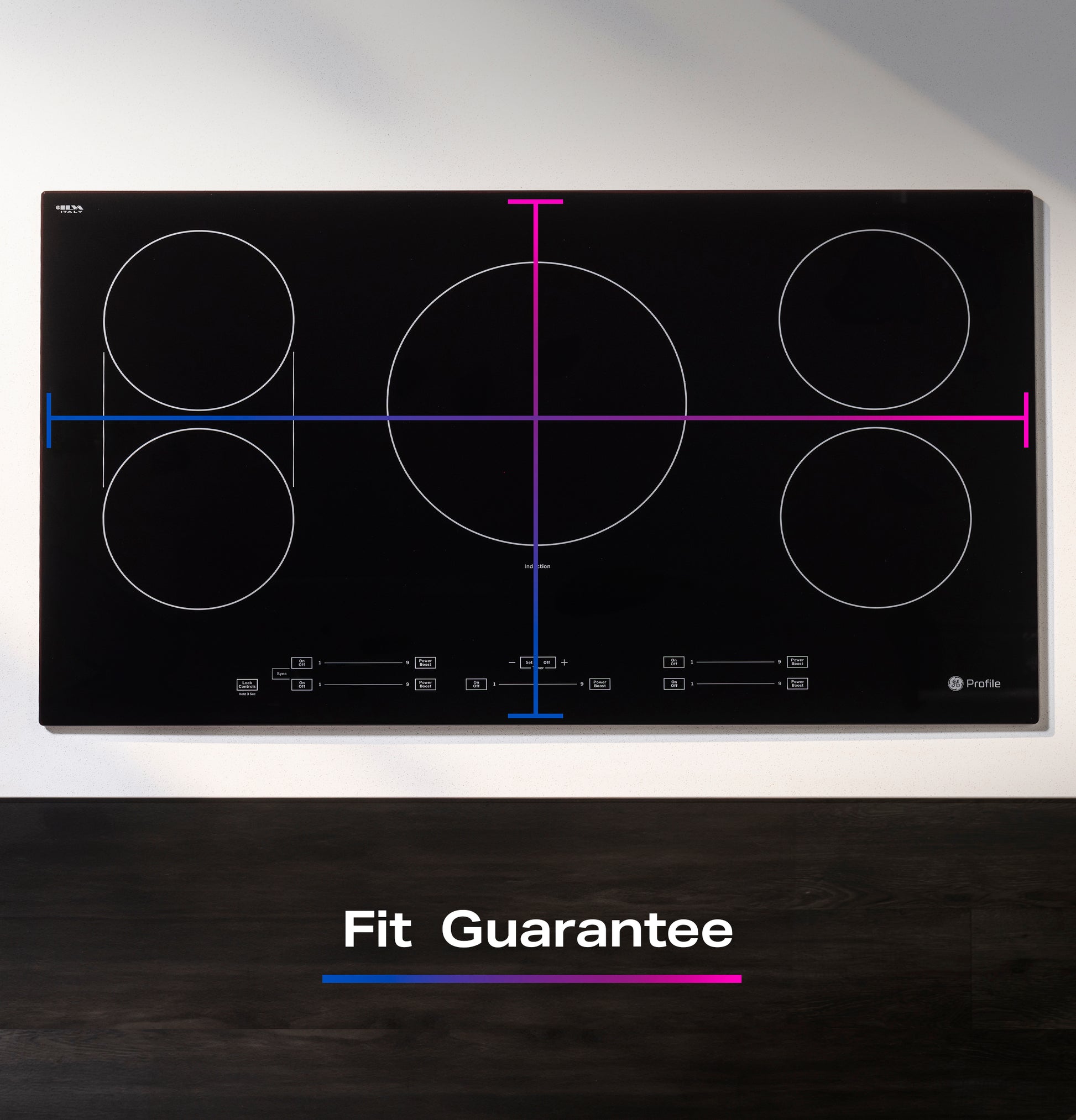 Black touch control induction cooktop with five cooking zones and digital controls for kitchen appliance installation