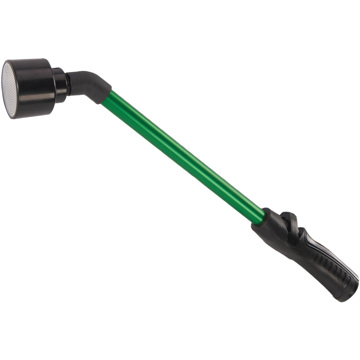 Green metal water wand with black ergonomic handle and adjustable spray head for garden watering tasks