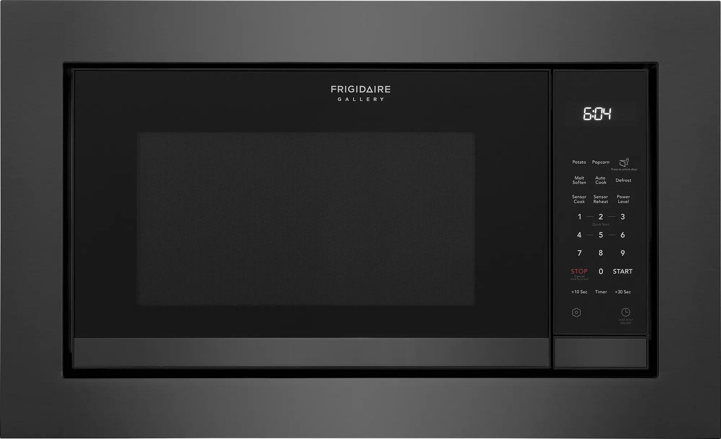 Black built-in microwave with digital display, numeric keypad, and sensor cook functions in kitchen appliances collection