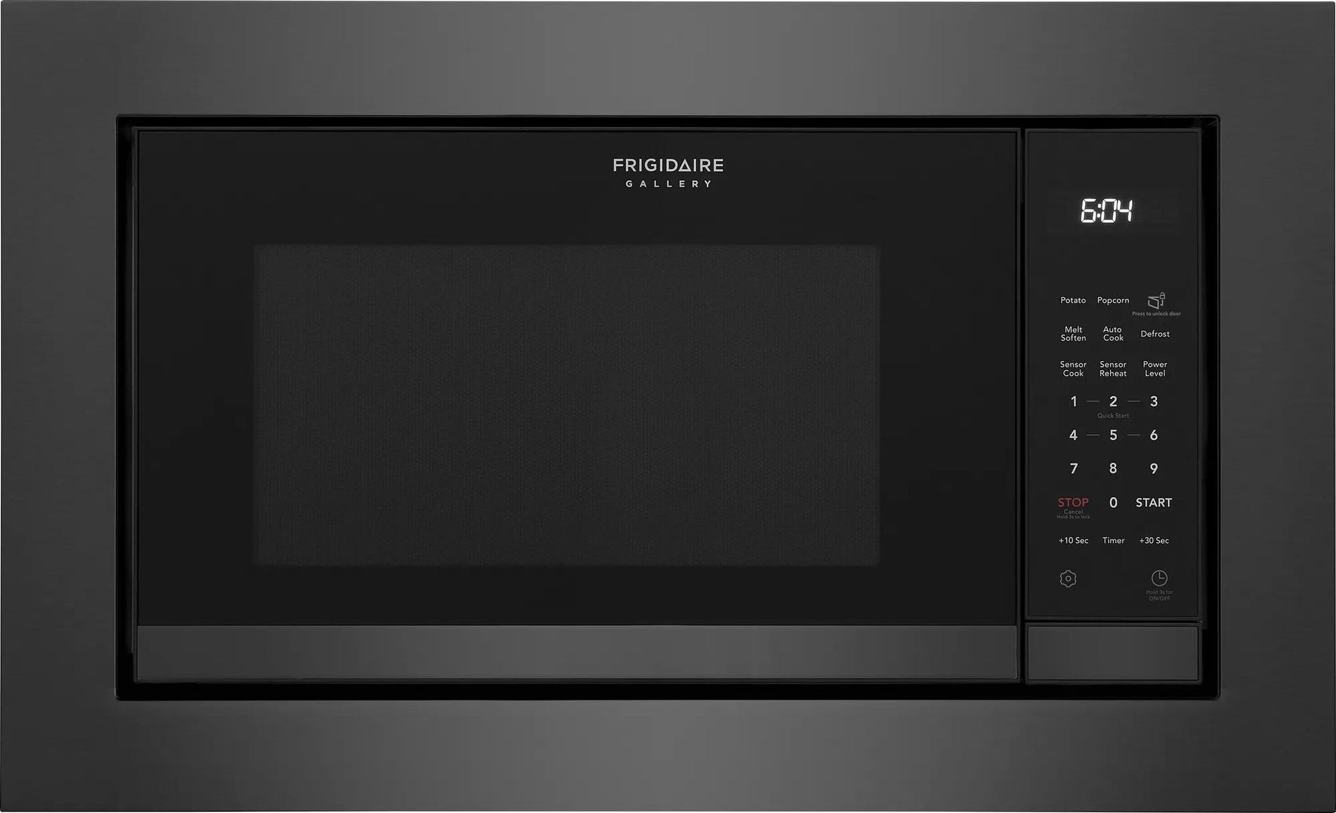 Black built-in microwave with digital display, numeric keypad, and sensor cook functions in kitchen appliances collection