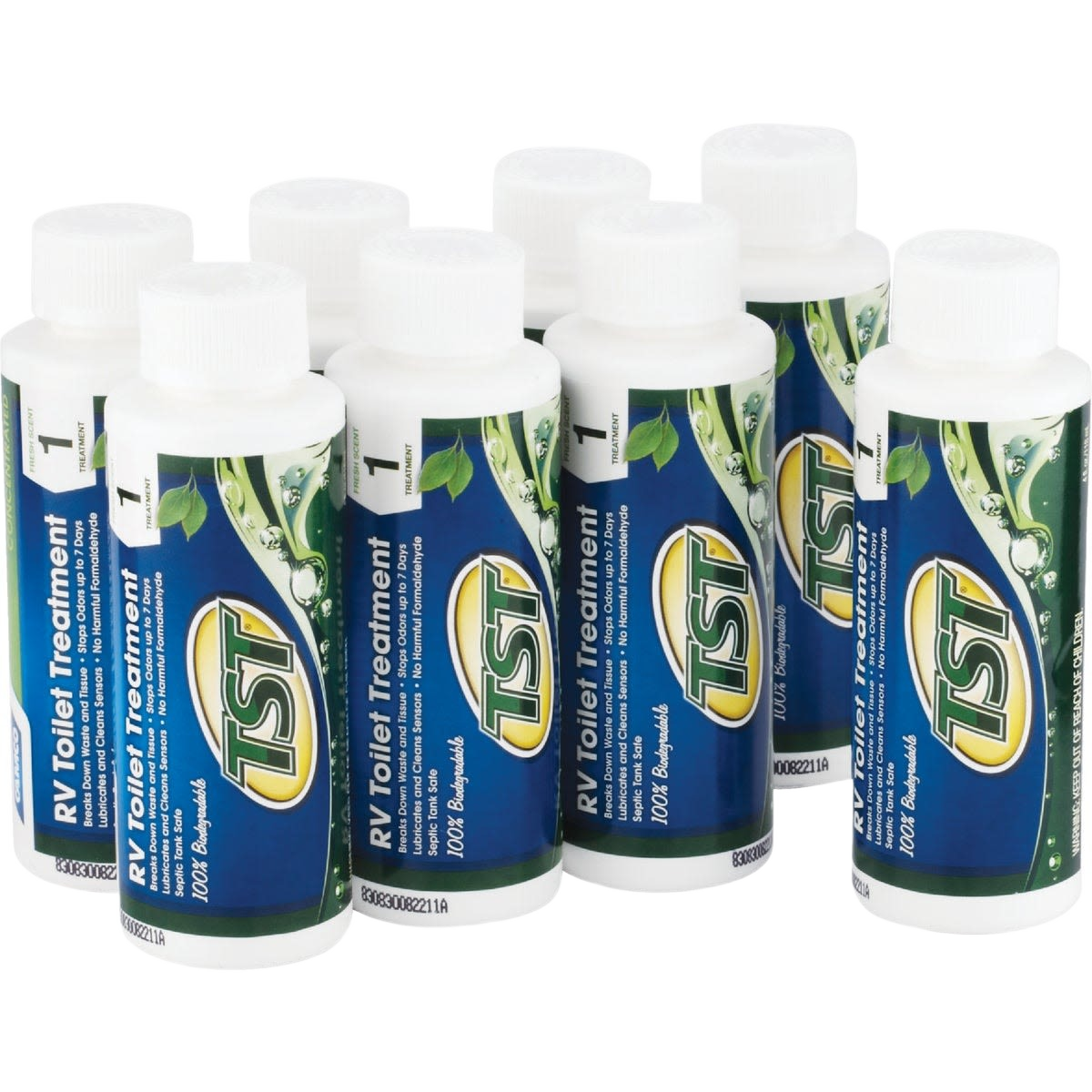 Set of white bottles with blue and green labels for RV toilet and tank deodorizer treatment in home improvement supplies
