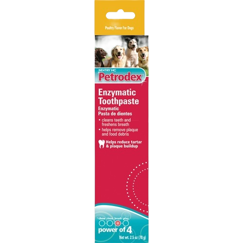 Red and blue packaging of enzymatic dog toothpaste with images of four dogs and poultry flavor label for pet care collections