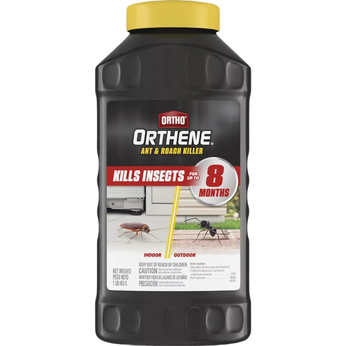 Black container of insect killer dust with yellow lid for indoor and outdoor pest control in Lawn & Garden collections