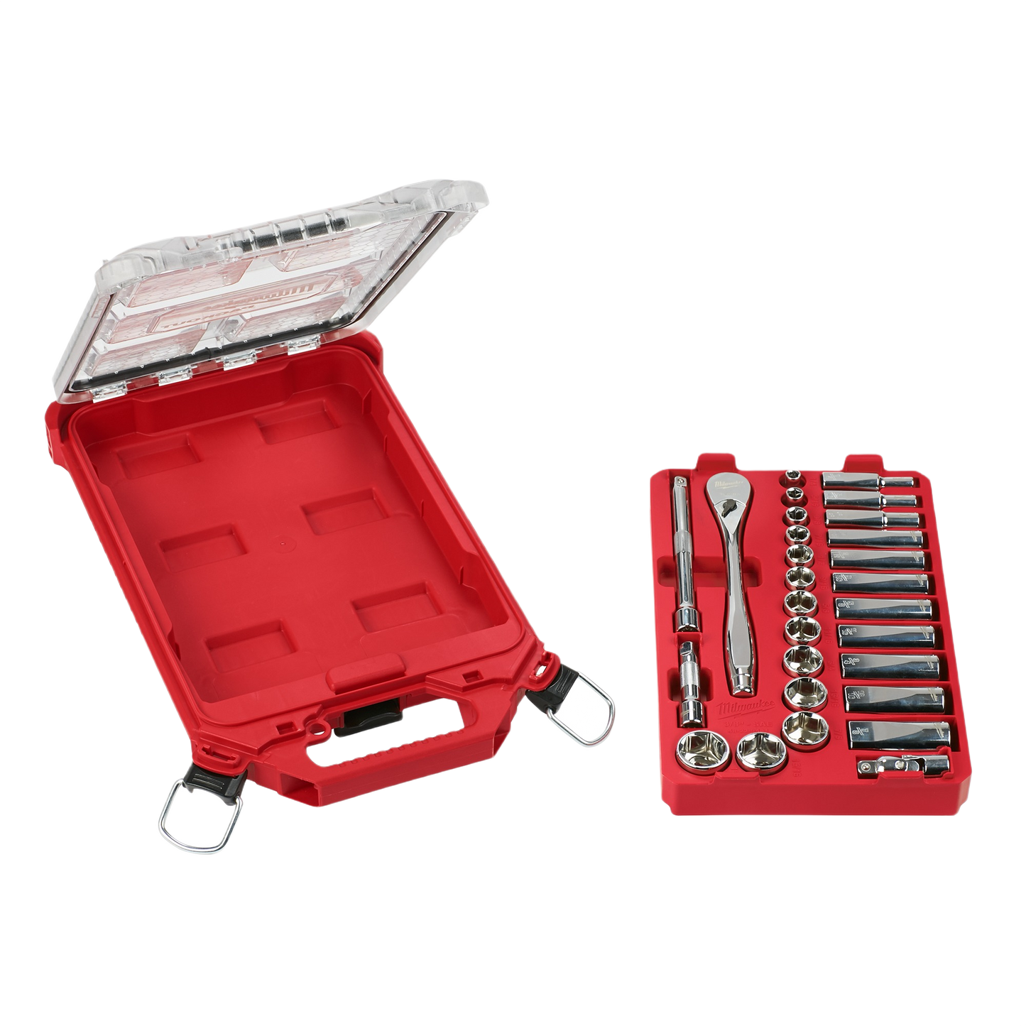 Red plastic tool organizer case with 3/8 inch ratchet handle and assorted sockets for home improvement tasks