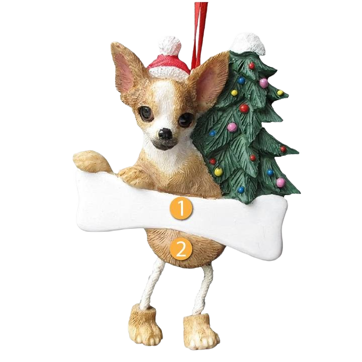 Black chihuahua ornament wearing Santa hat holding a decorated Christmas tree with dangling legs