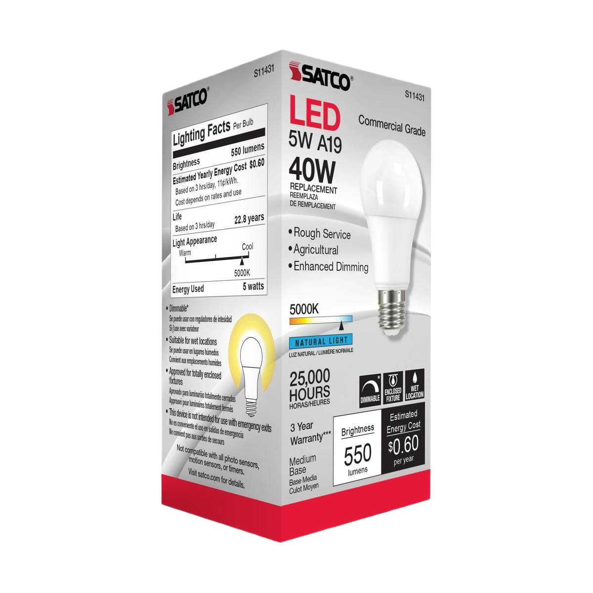 Commercial grade 5W A19 LED bulb with 5000K natural light, dimmable, suitable for agricultural and home improvement use